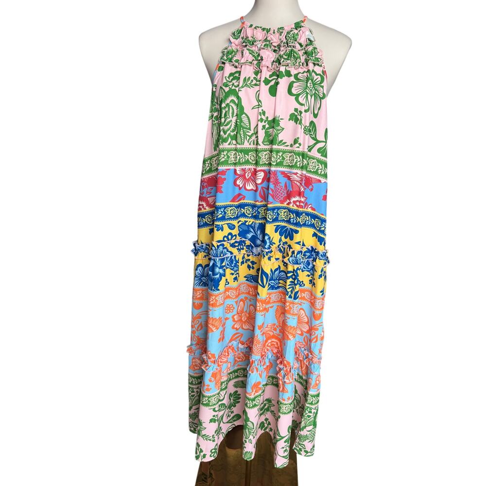 NEW Grace Karin Colorblock Floral Maxi Dress Tiered Ruffle Boho Size Medium